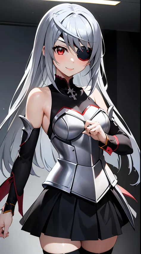 1girl, solo, looking at viewer, aalaura, long hair, eyepatch,
BREAK (skirt, thighhighs, bare shoulders, detached sleeves, armor, white thighhighs, breastplate:1.2)
BREAK（upperbody closeup)，Raised sexy，is shy，ssmile，
BREAK the background is a high-tech ligh...