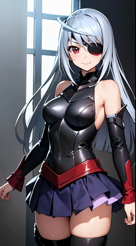 1girl, solo, looking at viewer, aalaura, long hair, eyepatch,
BREAK (skirt, thighhighs, bare shoulders, detached sleeves, armor, white thighhighs, breastplate:1.2)
BREAK（upperbody closeup)，Raised sexy，is shy，ssmile，
BREAK the background is a high-tech ligh...