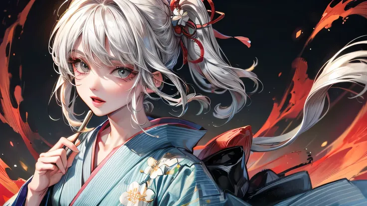 ((highest quality)), ((masterpiece)), (detailed), Perfect Face,for anime,A beautiful white-haired woman wearing a kimono stands on the street