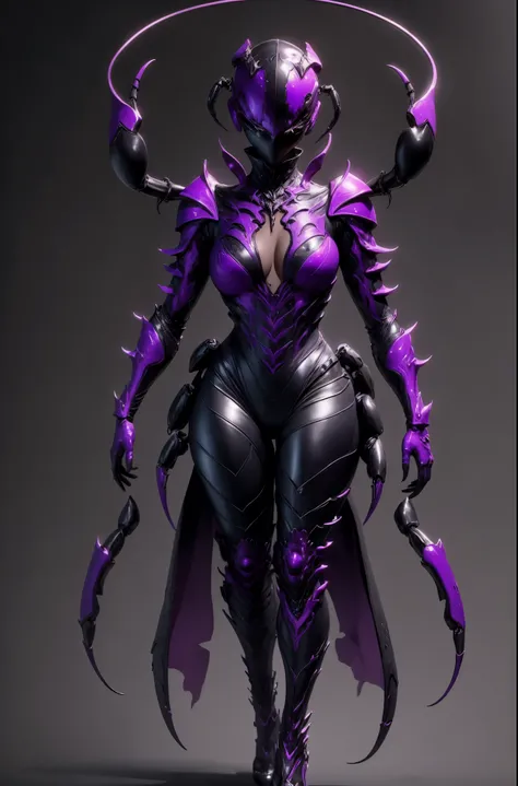 Beautiful girl fused with a scorpion. (High quality) （black and purple image color）gothic dress. body suit. cyber style. Circuit pattern. Biological Armor. Biological helmet. eye mask.