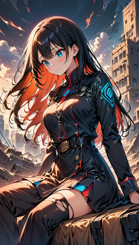 (highest quality:1.2, Very detailed, up to date, Vibrant, digital coloring, High Contrast, masterpiece:1.2, Best Quality, Best aesthetics), 1 female, Black Hair, Long Straight Hair、Sitting on a pile of junk, Look down, Painful expression, military uniform,...