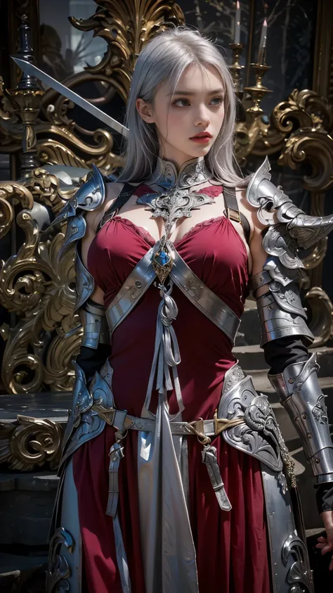 arafed woman in armor with a sword and a sword, ornate bikini armor, wearing shiny breastplate, fuchsia skin beneath the armor, fuchsia skin below the armor, photogenic details on armor, sharp silver armor fuchsia skin, wearing ornate armor, sliver ice col...