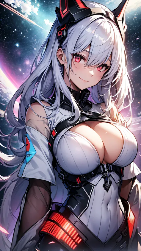 最high quality、Best image quality、masterpiece、girl((18-year-old、 By becoming、Best Bust、Medium Bust,Wide open breast tea、Red glowing eyes,Silver Hair、Disheveled Hair、Long Hair、thin,The highest valley、Open chest、White wristband、smile、hair ornamentany accessor...