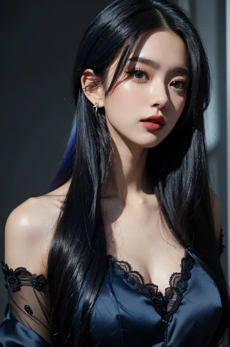 Face enhancement，Dark blue flowers ，Dark blue lace，Red lip glaze，Hairpin hanging down，The clothes are gorgeous and complicated，Complex and complicated background，blown up by the wind，Gradient hair，Silver hair，Purple Hair，Blue Hair，front Photo，Off-shoulder，...