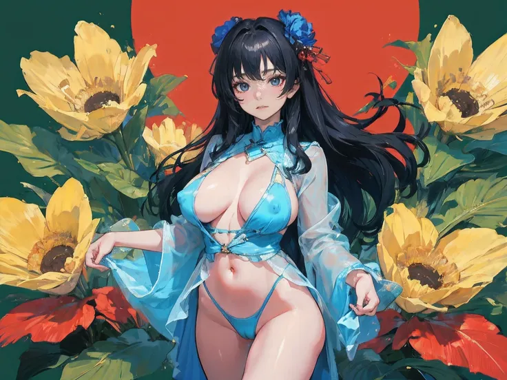 light smile,masterpiece, highest quality, 1 girl, looking at the viewer, blue eyes, ,black long hair、(masterpiece),(highest quality:1.0), (ultra high resolution:1.0), 8K, anime, masterpiece、provocative look　Fair skin　upper thigh、Highest quality detailed ey...