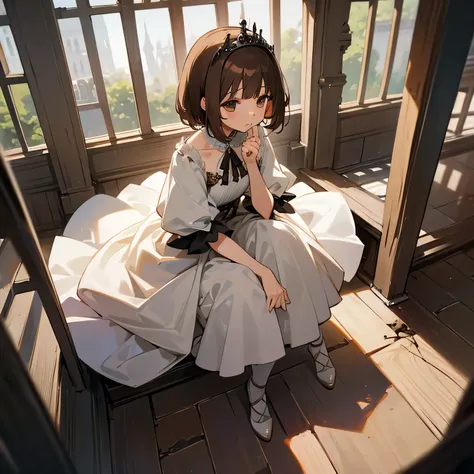 girl、brown hair、short hair、White Dress、tiara、Princess、Sitting on a wooden chair、Ruined palace、broken window、ivy、dark