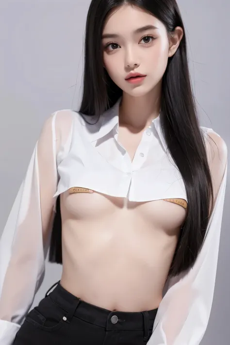 masterpiece, high quality,1girl,black long hair, white semi-transparent shirt, (bandaids_on_nipples, bandaid),small breasts, upper body
