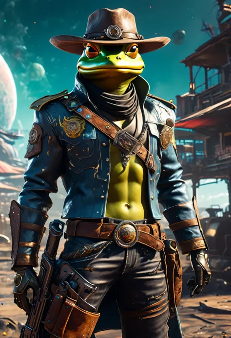 A mysterious Frog from Street Fighter game in cowboy uniform and brown cowboy hat and revolver gun with his belt from wild west, in post-apocalyptic design  designed with a high level of detail and a glossy, almost hyper realistic quality, typical of fanta...