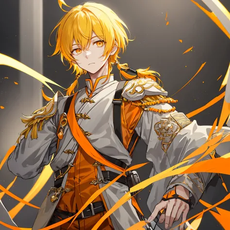 ((Portrait)), (a boy), beautiful boy, ((Armed shoulder strap)), ((idol costume)), ((light yellow hair)), ((orange eyes)), ((grey clothes)), high quality, long hair, ((male)), ((Zhongfa))