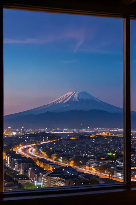 Image showing the night view of city buildings, cherry blossoms in full bloom, and Mt. Fuji from a window