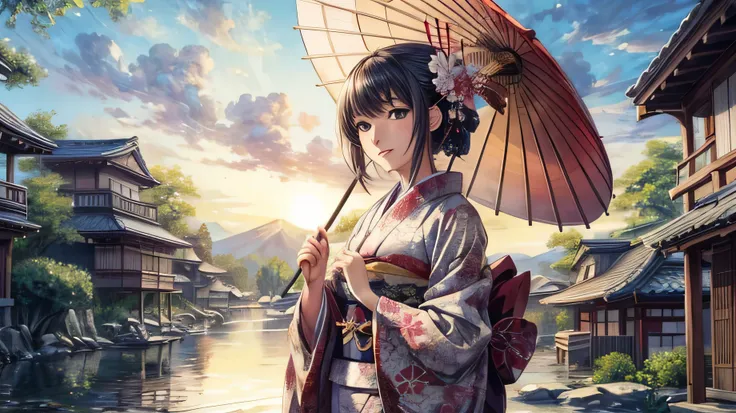 ((highest quality)), ((masterpiece)), (detailed), for anime,Spectacular Nature,Beautiful woman in kimono