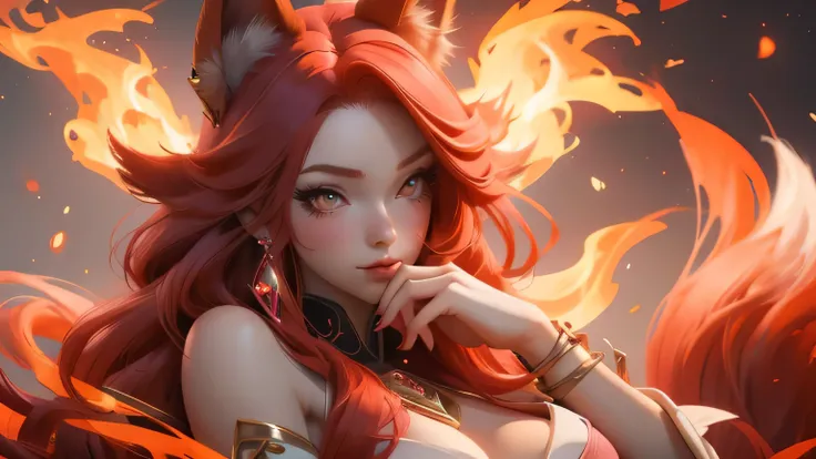 Charming red haired fox women with nine tails, act playfuly pink heart smoke on her hand  , high quality anime design, fantasy illustration of high quality, very high quality full body size character design, 8k very high quality wallpaper, highquality nine...