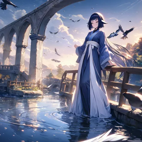 (shylily/(Twich/):1.5),(masterpiece:1.2),(best quality:1.2),, (1girl:1.3),watercolour，A woman standing on a bridge，barefoot，hanfu，Chinese-style clothes，Arch Bridge, beautiful anime scene，Reflections on the water surface，magpie，Black and white evening dress...