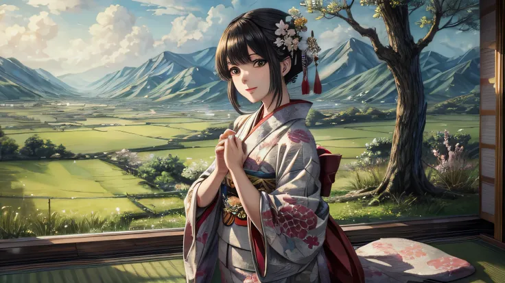 ((highest quality)), ((masterpiece)), (detailed), for anime,Spectacular Nature,Beautiful woman in kimono