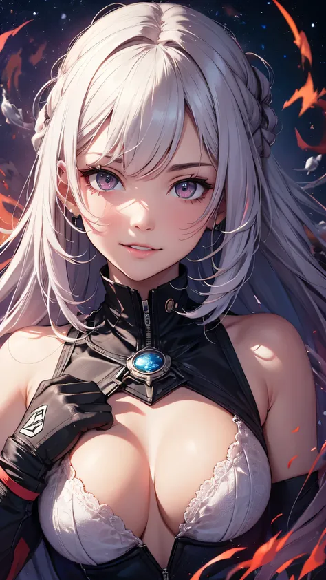 最high quality、Best image quality、masterpiece、girl((18-year-old、 By becoming、Best Bust、Medium Bust,Wide open breast tea、Red glowing eyes,Silver Hair、Disheveled Hair、Long Hair、thin,The highest valley、Open chest、White wristband、smile、hair ornamentany accessor...