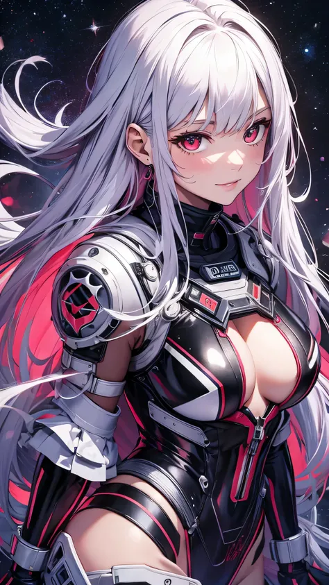 最high quality、Best image quality、masterpiece、girl((18-year-old、 By becoming、Best Bust、Medium Bust,Wide open breast tea、Red glowing eyes,Silver Hair、Disheveled Hair、Long Hair、thin,The highest valley、Open chest、White wristband、smile、hair ornamentany accessor...