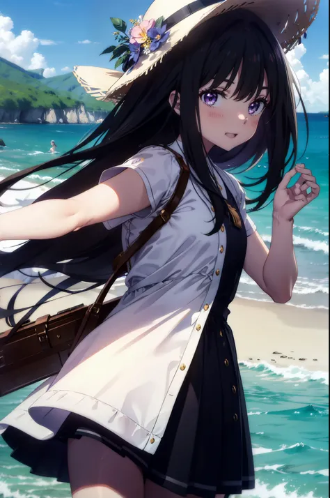 Takiuchi, Inoue Check, Long Hair, bangs, Black Hair, (Purple eyes:1.2),happy smile, smile, Open your mouth,smile,blush,Blue long skirt one-piece dress,No sleeve,Bare arms,Rocket Pendant,Cute Sandals,White hat,True Summer,Clear skies,
break outdoors, Coasta...