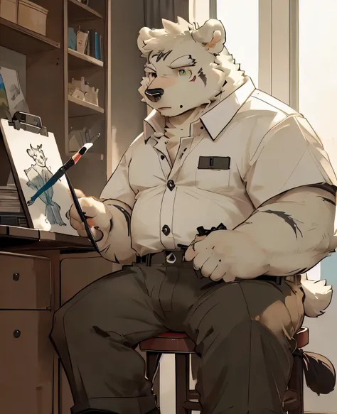 anatomy, human nature，((polar bear|Pure white bear | Green Eyes)),(polar bear:1.2) ,from behind,perfect,Wide-Angle Dark Eyes,fat,Shota,Lovely,young,Blushing,Paintbrush in hand,(Sitting on a stool and drawing),male, Solitary,In the studio,Drawing seriously,...