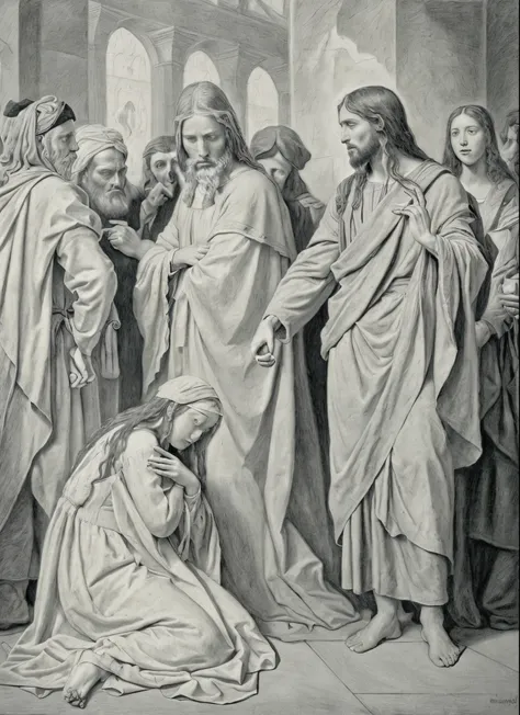 Jesus standing and reaching out to an unwell woman who is kneeling in front of him, many people watching around them, Renaissance style painting, black, grey, and white colors, pencil drawing, monochrome, in the style of Renaissance artists