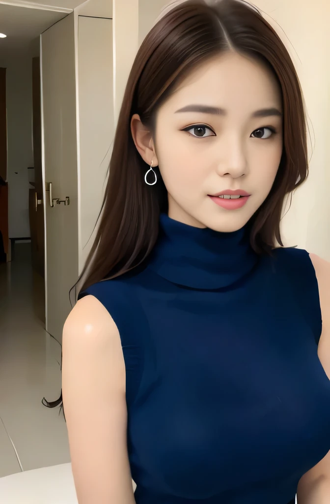 (((Violet Sleeveless Turtleneck Knit Dress:1.2)))、(A pure and elegant girl)、(Cowboy Shot:1.2)、(Focus on face and chest)、Big Breasts、(Luxury:1.2)、From above、(Straight Hairstyles、brown hair、Medium Long Hair)、Highly detailed face and skin texture、Detailed eye...