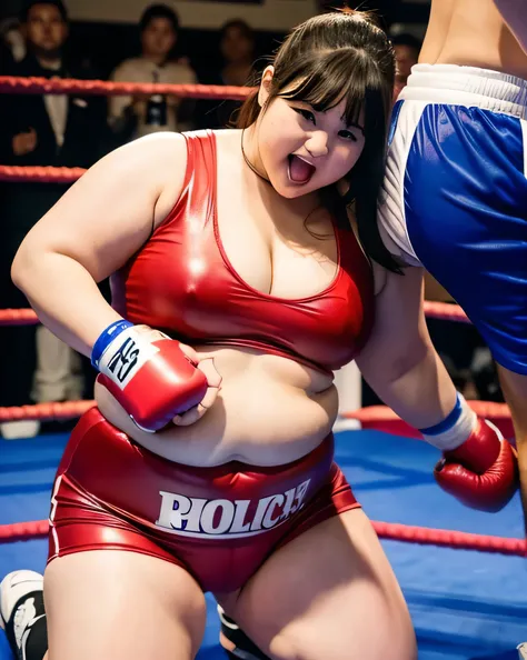 {best quality}, {very aesthetic}, {ultra-detailed}, nsfw, Overweight, Extremely fat, Chubby, Japanese woman,  in a boxing ring, wrestling wear, in the Police station, fellatio, lick penis with tongue, kneeling