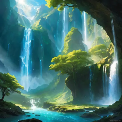 mysterious realm asgard, in the expanse of the universe, a beautiful waterfall cascading from the sky, illuminated by the rays o...