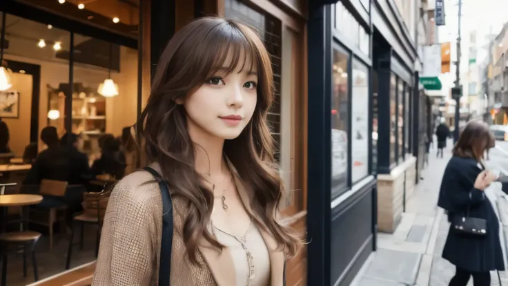 super high quality, Fashion Model, Slender, (8k、RAW Photos、highest quality、masterpiece:1.2), Japanese Idol, Serious expression, brown hair, Stylish café, Fashion magazine shooting, The cafe is crowded with people enjoying themselves., (Realistic、Photoreali...