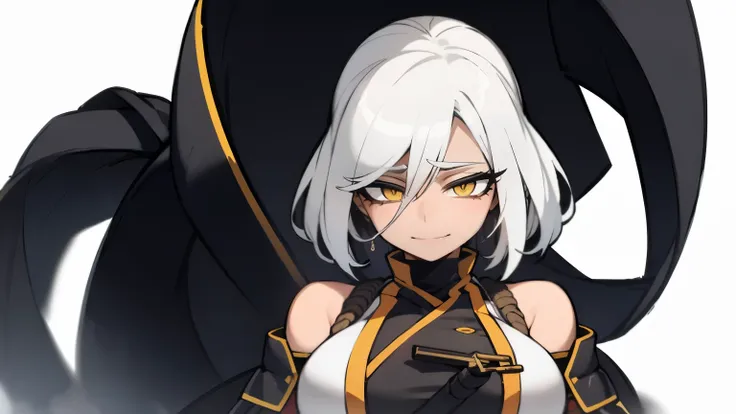 (best quality,highres),tall woman with a big bust smiling towards the camera, removing a black mask with her white hair and yellow eyes, dressed in a white ninja costume with blood stains, holding a gun crying
