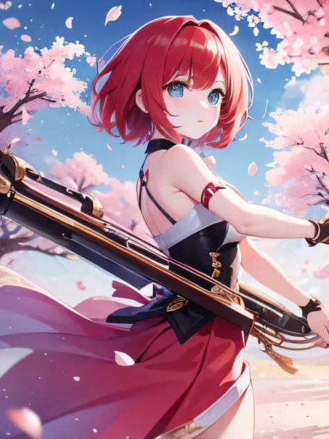 girl，redhead，short hair，second dimension beautiful girl，i have a bowgun，cherry blossom petals are falling