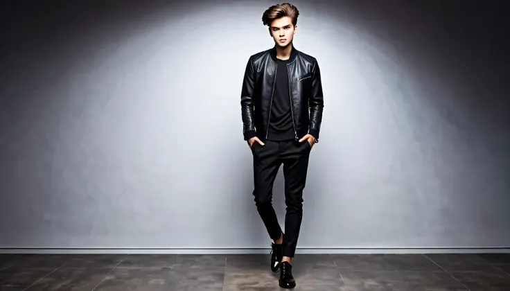 A stylish young man with a charming contemporary look, exudes confidence. His hair is neatly combed in a modern style that reflects his dynamic personality. His facial expression displayed a mixture of courage and gentleness. Wearing shoes, black pants jac...