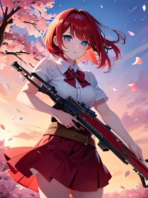 girl，redhead，short hair，second dimension beautiful girl，i have a bowgun，cherry blossom petals are falling