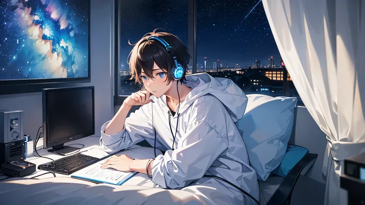 A boy typing on a computer while listening to music with headphones in his room、Dim room lighting、Outside the room is a starry sky、Japanese anime style