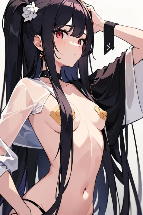 masterpiece, high quality,1girl,black long hair, white semi-transparent shirt, (bandaids_on_nipples, bandaid),small breasts, upper body
