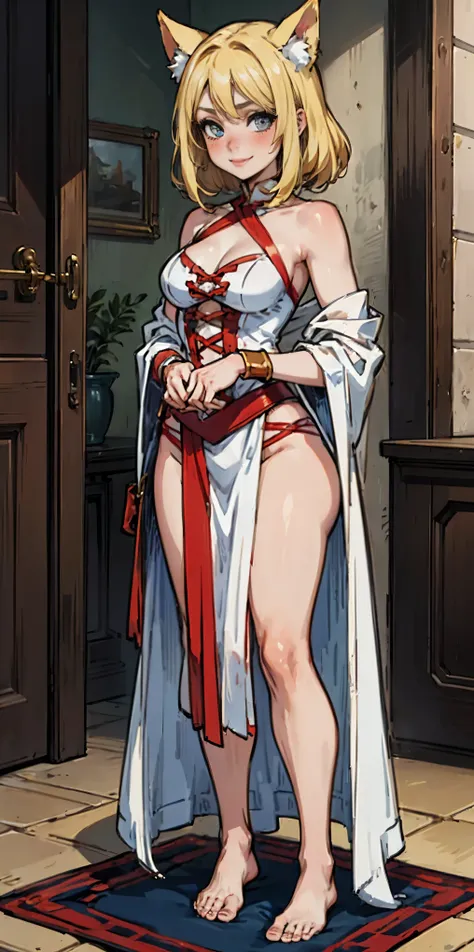 Roxanne Demin kin 1girl, solo, medium breasts, Body position: Standing, straight, symmetrical, barefoot, Lustful smile on face with red blush, fluffy ears, dog ears, blonde hair