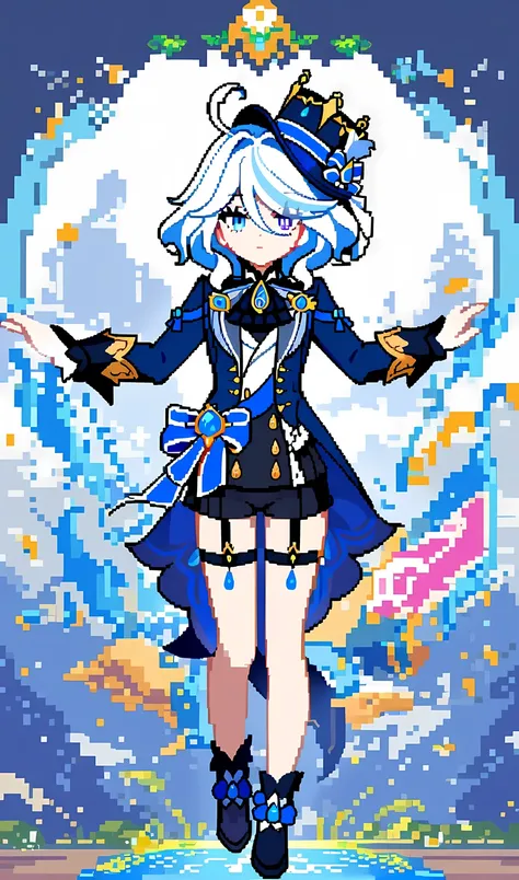 1girl, furina from genshin impact, short pale blue-white hair, wavy hair, blue eyes, different-blue eyes, in pixel game, 8 bit,full body, game genshin impact