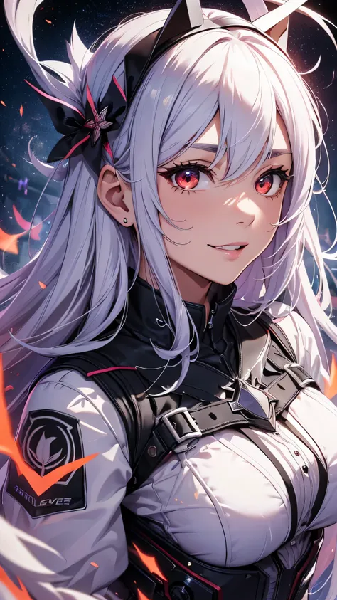 最high quality、Best image quality、masterpiece、girl((18-year-old、 By becoming、Best Bust、Medium Bust,Wide open breast tea、Red glowing eyes,Silver Hair、Disheveled Hair、Long Hair、thin,The highest valley、Open chest、White wristband、smile、hair ornamentany accessor...