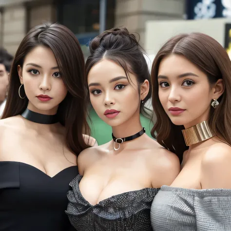 off shoulder dress, 3 womans, deep cleavage,  crowd, wild hair, steel collar