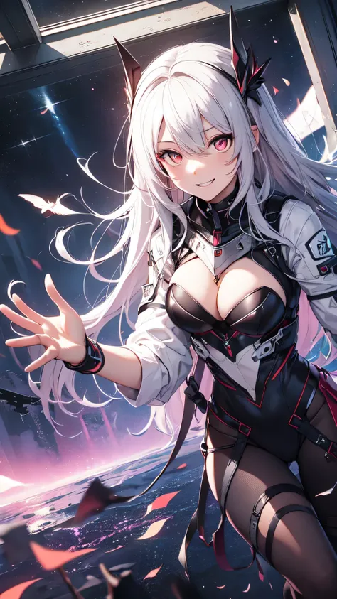 最high quality、Best image quality、masterpiece、girl((18-year-old、 By becoming、Best Bust、Medium Bust,Wide open breast tea、Red glowing eyes,Silver Hair、Disheveled Hair、Long Hair、thin,The highest valley、Open chest、White wristband、smile、hair ornamentany accessor...