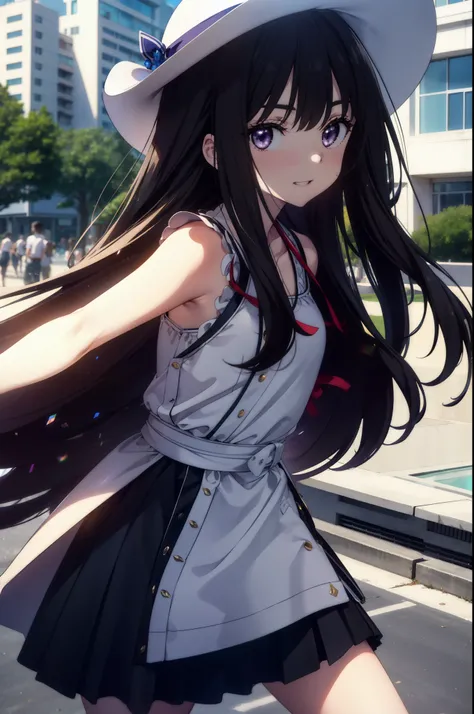 Takiuchi, Inoue Check, Long Hair, bangs, Black Hair, (Purple eyes:1.2),happy smile, smile, Open your mouth,smile,blush,Blue long skirt one-piece dress,No sleeve,Bare arms,Rocket Pendant,Cute Sandals,White hat,True Summer,Clear skies,So that the whole body ...