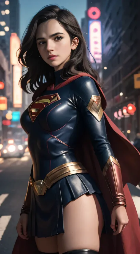 arav woman in superhero costume standing on city street, super girl, hero pose colorful city lights, gal gadot as super girl, em...