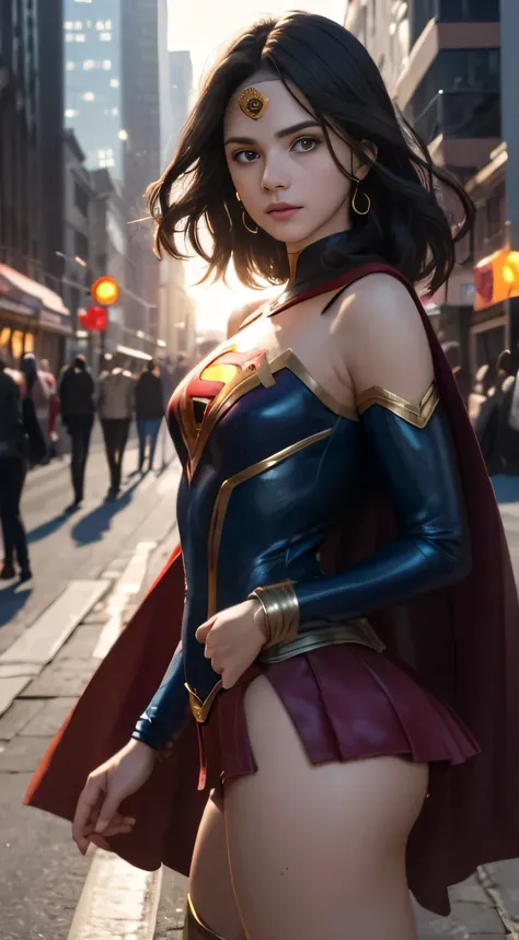 Arav woman in superhero costume standing on city street, Super Girl, Hero pose colorful city lights, gal gadot as Super Girl, emma watson as Super Girl, close up, anime visual of Super Girl, sydney sweeney, Corey Chase plays the Atlanteans, Maika Monroe Ba...