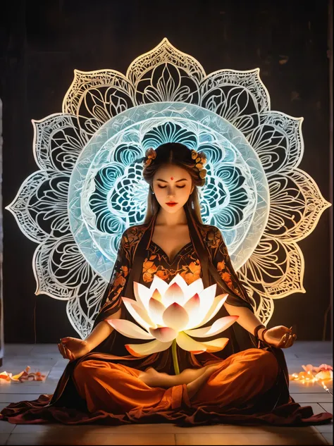 Full body photography of girl in lotus pose，Raw, movie shot, (Sharp focus:1.5), (Reality:1.4), Dusk lighting, Volumetric Lighting, Ultra-high resolution,Dramatic Lighting, White background,（Zentangle，Mandala，Tangle，Entanglement), Fox Demon，Fox Mask，Short c...