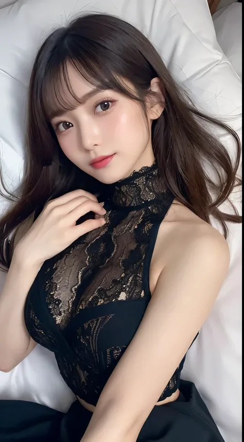 (High neck lace outfit、Ample breasts、Be sexually aroused、Put your legs out of the lace skirt、Very small waist、bed、Lying down:1.2、Overhead Shot:1.2、Shot from directly above、sleep)、(19 years old、Beautiful and detailed eyes、No makeup)、(highest quality、masterpiece:1.3、Ultra-high resolution)、(Very detailed、Caustics)、Ample breasts、、One Woman、Japanese Girls、smile、cute、Black Hair、Medium Hair、、 、Use natural light and colour、(Depth of written boundary、chromatic aberration、Wide range of lighting、Natural Shading)