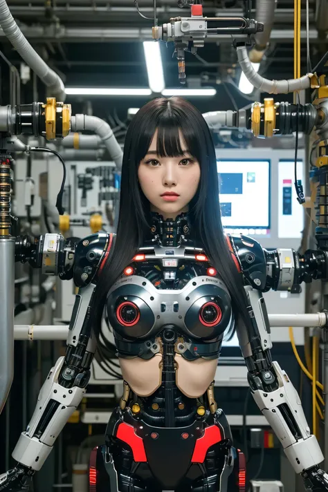 masterpiece, best quality, extremely detailed, Japaese android girl,portrait,Plump,a bit chubby,control panels,android,Droid,Mechanical Hand, Robot arms and legs, Black hair,Blunt bangs,perfect robot girl,long tube,thick cable connected her neck,android,ro...