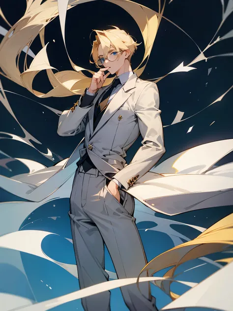 male teacher, blond with parted hair, blue eyes, rectangular glasses, elegant gray outfit