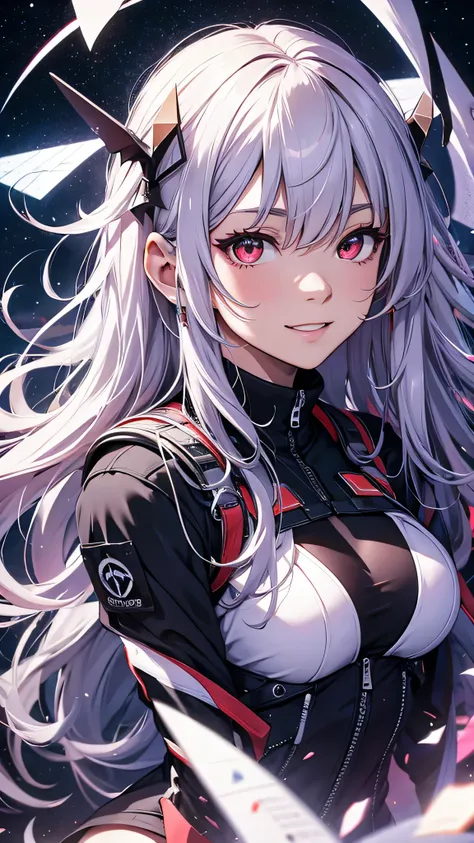 最high quality、Best image quality、masterpiece、girl((18-year-old、 By becoming、Best Bust、Medium Bust,Wide open breast tea、Red glowing eyes,Silver Hair、Disheveled Hair、Long Hair、thin,The highest valley、Beautiful valley、White wristband、smile、hair ornamentany ac...