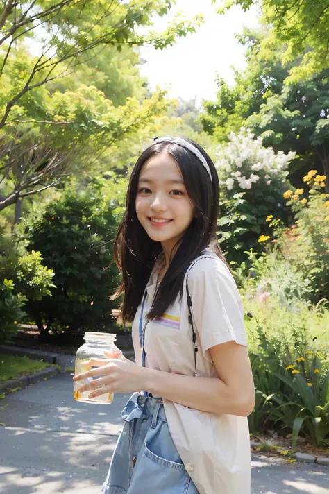 A girl standing with a beaming smile on her face, holding the jar of magic paint in her hands. It is surrounded by a magical and colorful environment, with colorful flowers, vibrant trees and a sky full of rainbows. 4k resolution