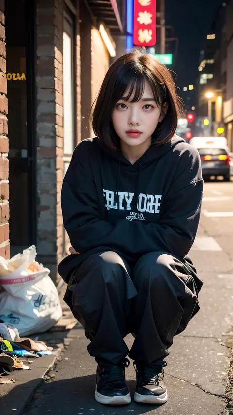 18-year-old,Korean women,((((squatting down and picking up trash)))),(((Dirty neon street at night))),(((Facing forward))),(((Frowning,カメラをGlaring))),(Very fine eye),((I cant see my stomach)), (((Wearing a long black down jacket,Wearing baggy pants))),(((C...