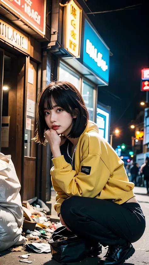 18-year-old,Korean women,((((squatting down and picking up trash)))),(((Dirty neon street at night))),(((Facing forward))),(((Frowning,カメラをGlaring))),(Very fine eye),((I cant see my stomach)), (((Wearing a long black down jacket,Wearing baggy pants))),(((C...