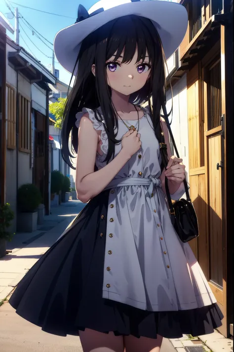 Takiuchi, Inoue Check, Long Hair, bangs, Black Hair, (Purple eyes:1.2),happy smile, smile, Open your mouth,smile,blush,Blue long skirt one-piece dress,No sleeve,Bare arms,Rocket Pendant,Cute Sandals,White hat,True Summer,Clear skies,So that the whole body ...